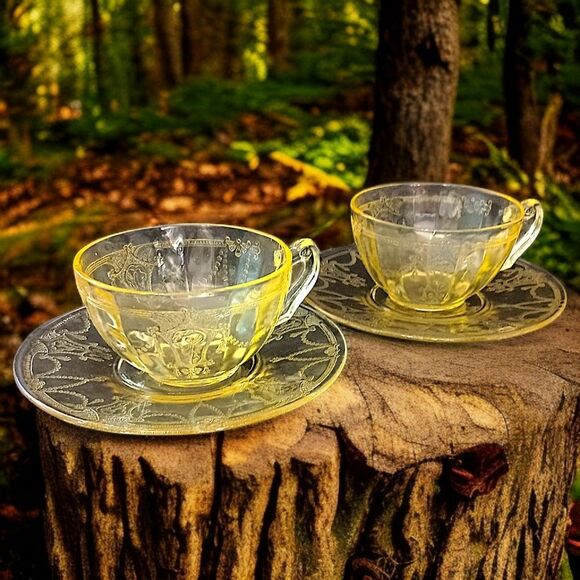 2 Cameo Ballerina Depression Glass Cup Saucer Set Yellow Anchor Hocking Vintage - Picture 16 of 16